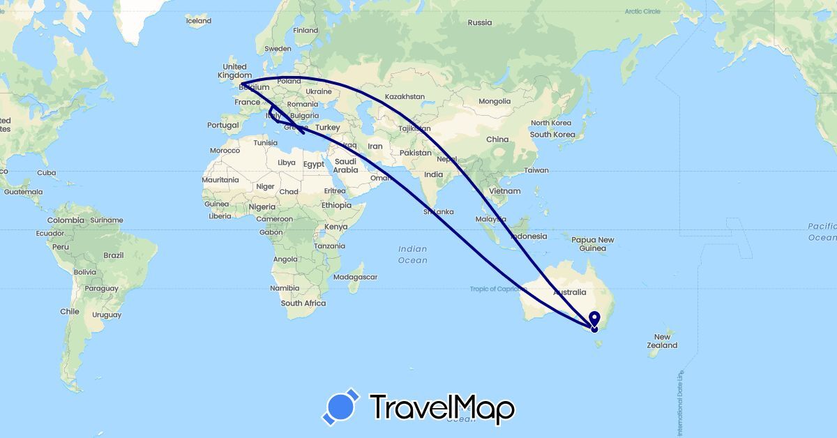 TravelMap itinerary: driving in Australia, United Kingdom, Greece, Italy (Europe, Oceania)